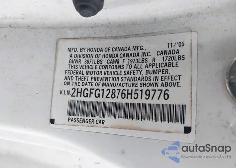 2006 Honda Civic Ex from USA, damaged, VIN 2HGFG12876H519776